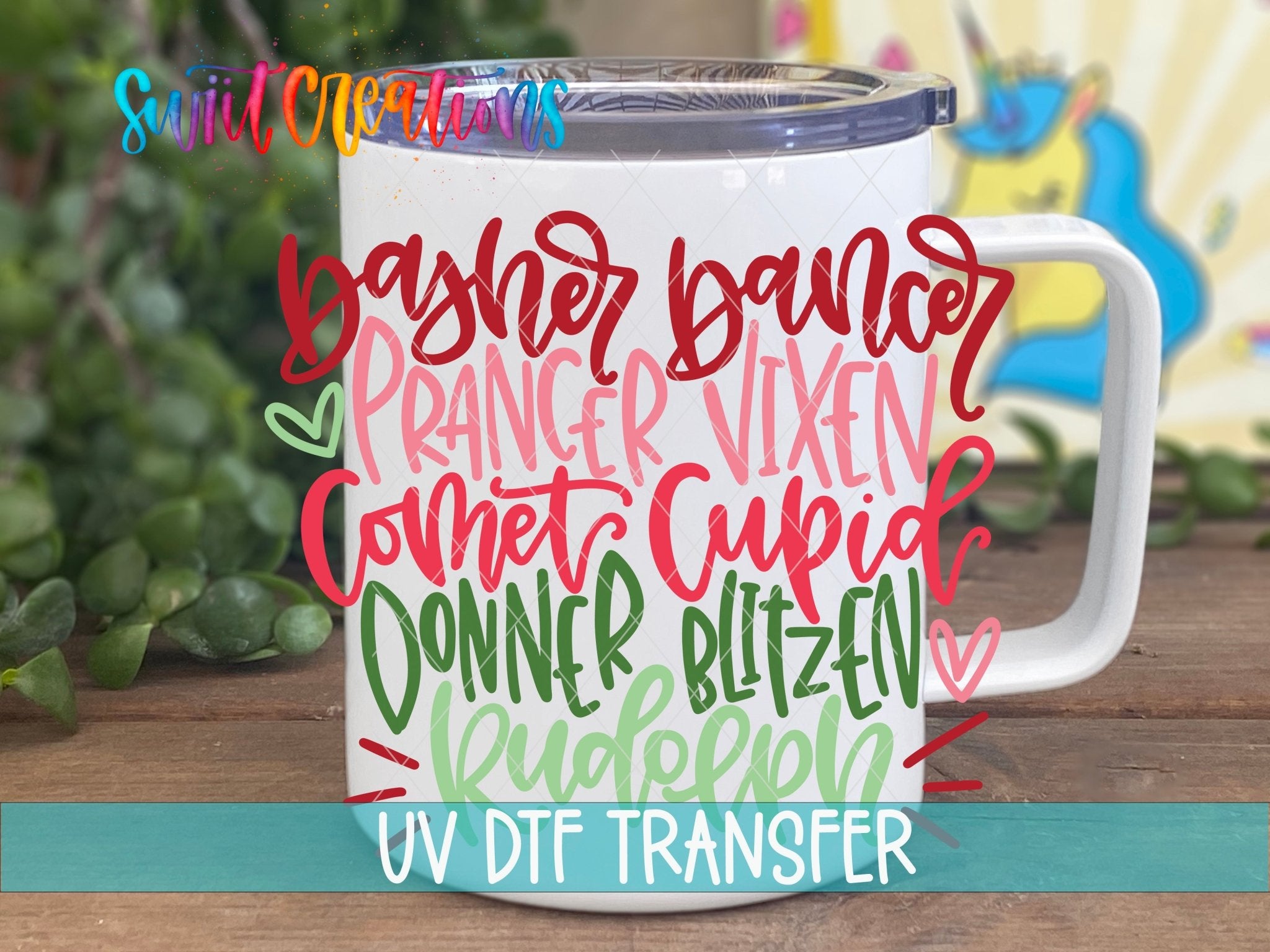 Swiit Creations Reindeer Names Christmas UV DTF transfer displayed on a white coffee mug