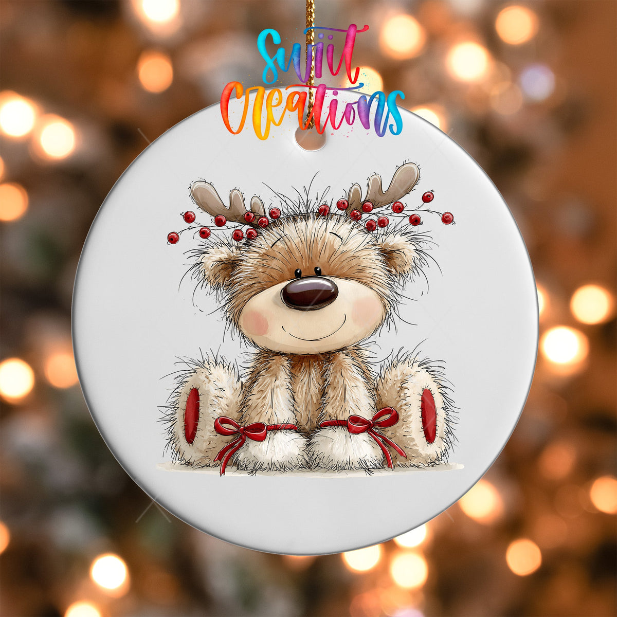 Close-up of the Reindeer Teddy Bear UV DTF transfer on a round white ornament