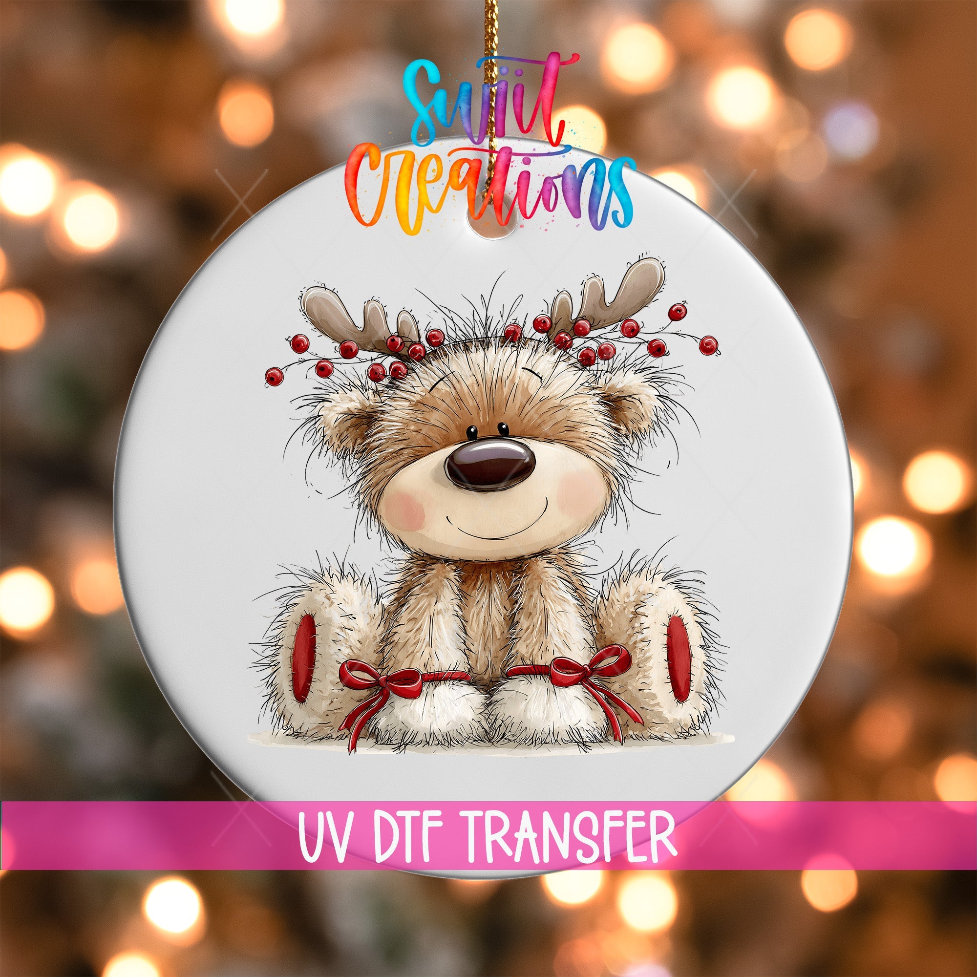Reindeer Teddy Bear Ornament UV DTF Transfer | Fluffy Bear with Antlers Berries and Red Bows | O-2176 - Swiit Creations
