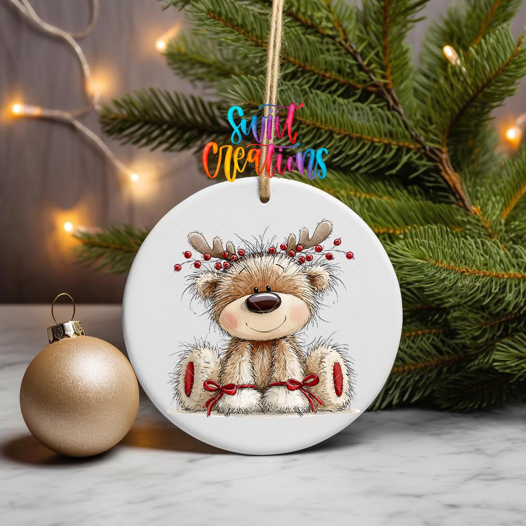 Reindeer Teddy Bear Ornament UV DTF Transfer | Fluffy Bear with Antlers Berries and Red Bows | O-2176 - Swiit Creations