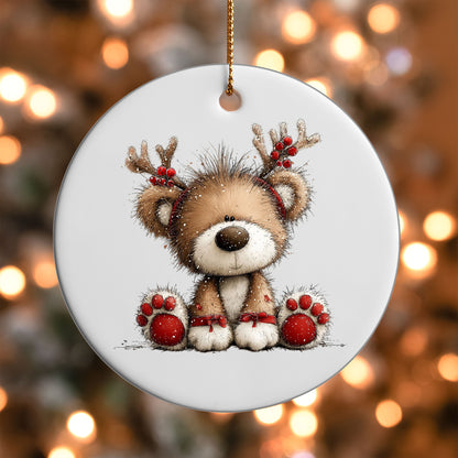 Reindeer Teddy Bear ornament UV DTF transfer on a round white ornament with a bokeh light background