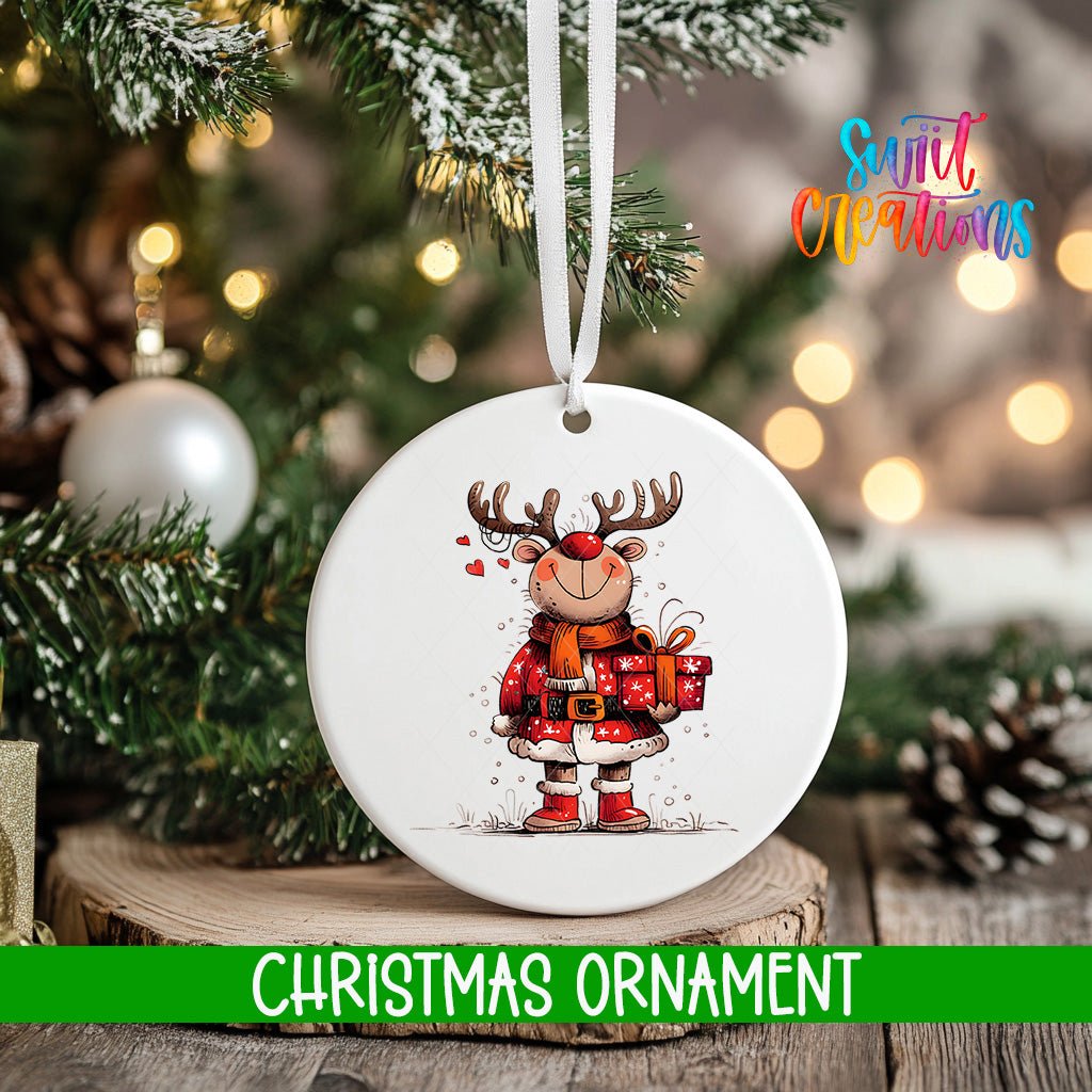 Reindeer with Gift Christmas Ornament | Holiday Ornament | O1255 - Swiit Creations