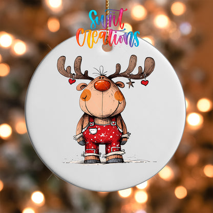Close-up of the Reindeer with Hanging Hearts UV DTF transfer on a round white ornament