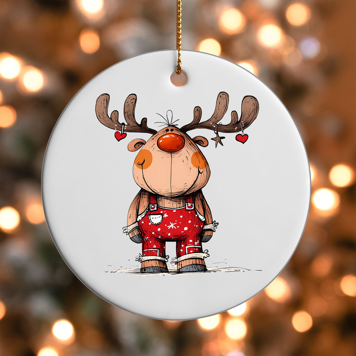 Reindeer with Hanging Hearts ornament UV DTF transfer on a round white ornament with a bokeh light background