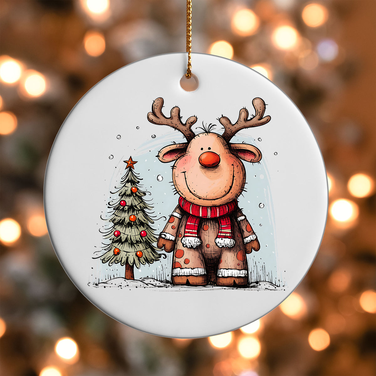 Reindeer with Pine Tree ornament UV DTF transfer on a round white ornament with a bokeh light background