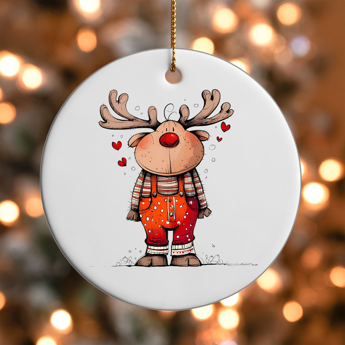 Reindeer with Red Hearts ornament UV DTF transfer on a round white ornament with a bokeh light background