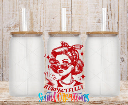 Respectfully UV DTF transfer on frosted glass cans with bamboo lids