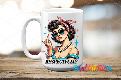 Respectfully retro pin up in pearls UV DTF transfer on a white ceramic coffee mug