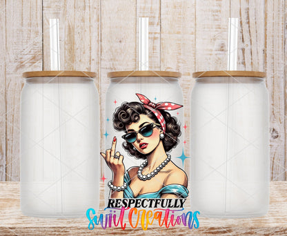 Respectfully retro pin up in pearls UV DTF transfer on frosted glass cans with bamboo lids