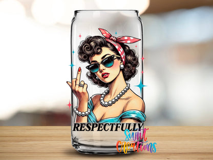 Close-up of the Respectfully retro pin up in pearls UV DTF transfer on a clear glass can