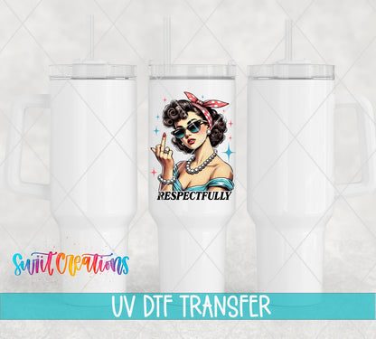 Respectfully retro pin up in pearls UV DTF transfer on white 40 oz tumblers