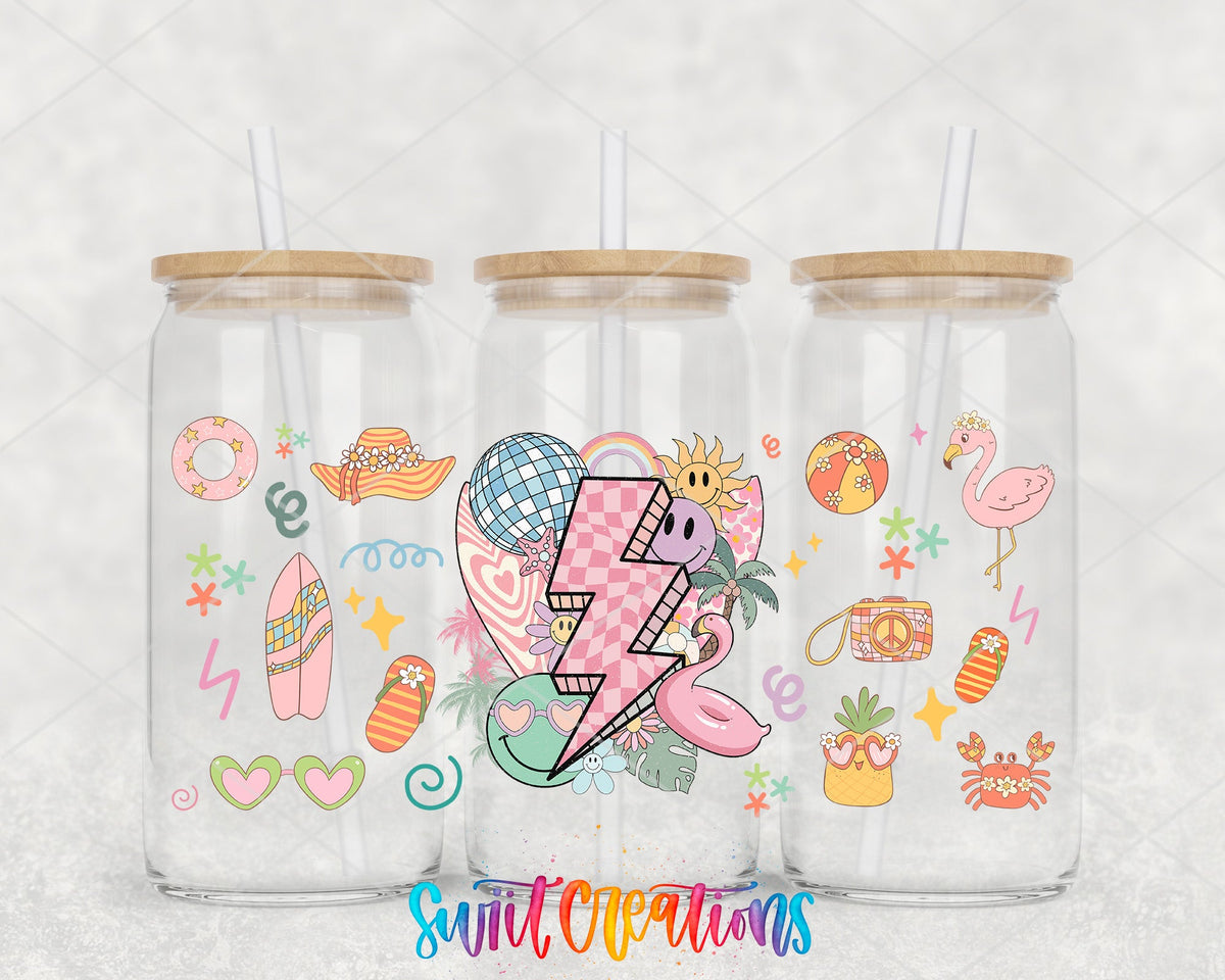 Retro Beach UV DTF wrap on three glass cans
