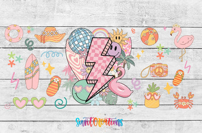 Retro Beach UV DTF wrap artwork on a white wood background