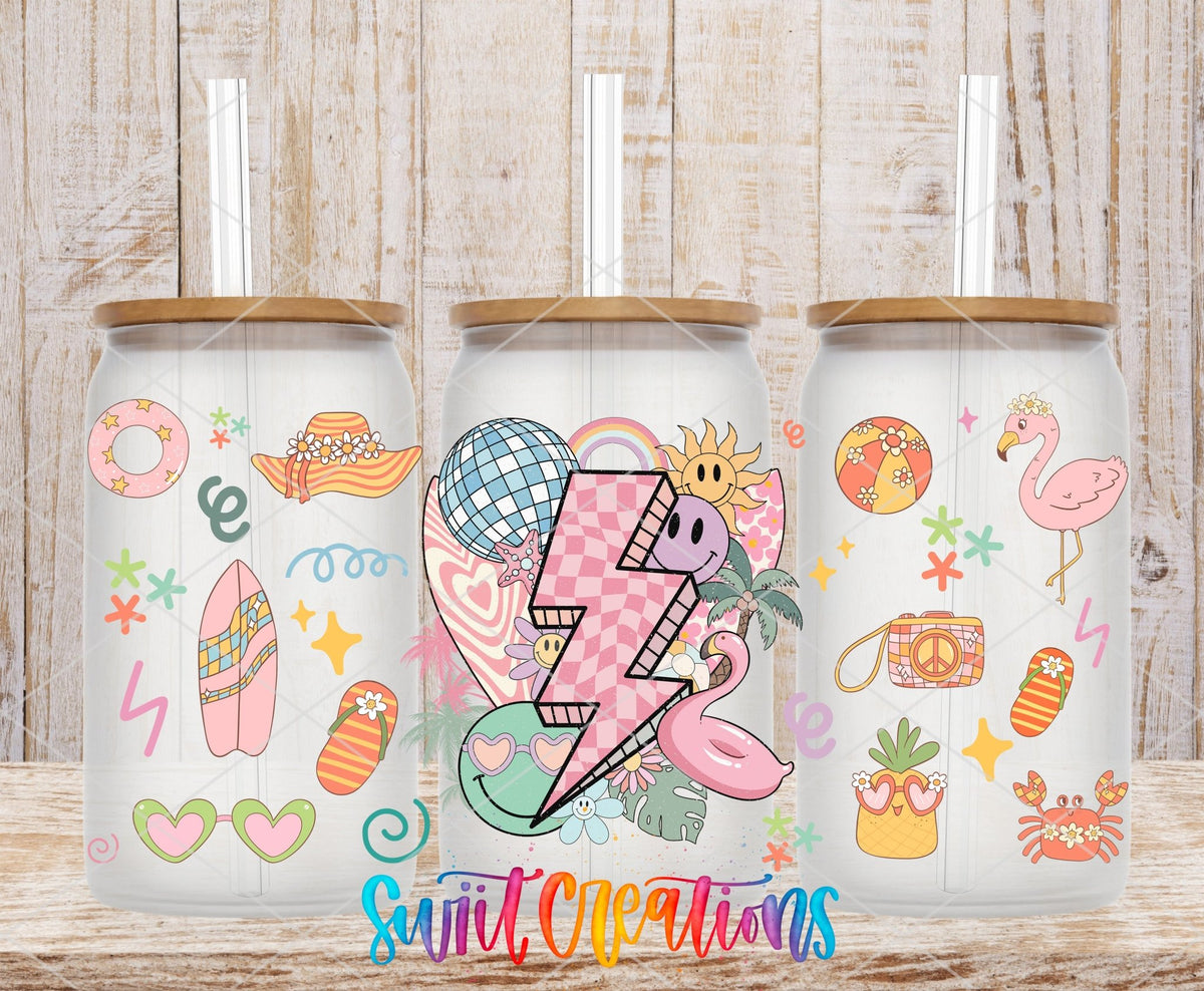 Retro Beach UV DTF wrap on three clear glass cans with bamboo lids