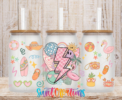 Retro Beach UV DTF wrap on three clear glass cans with bamboo lids