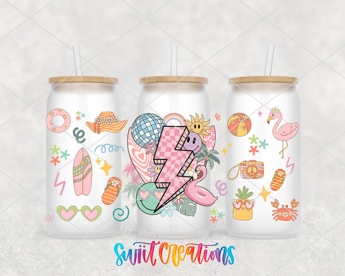Retro Beach UV DTF wrap on three frosted glass cans