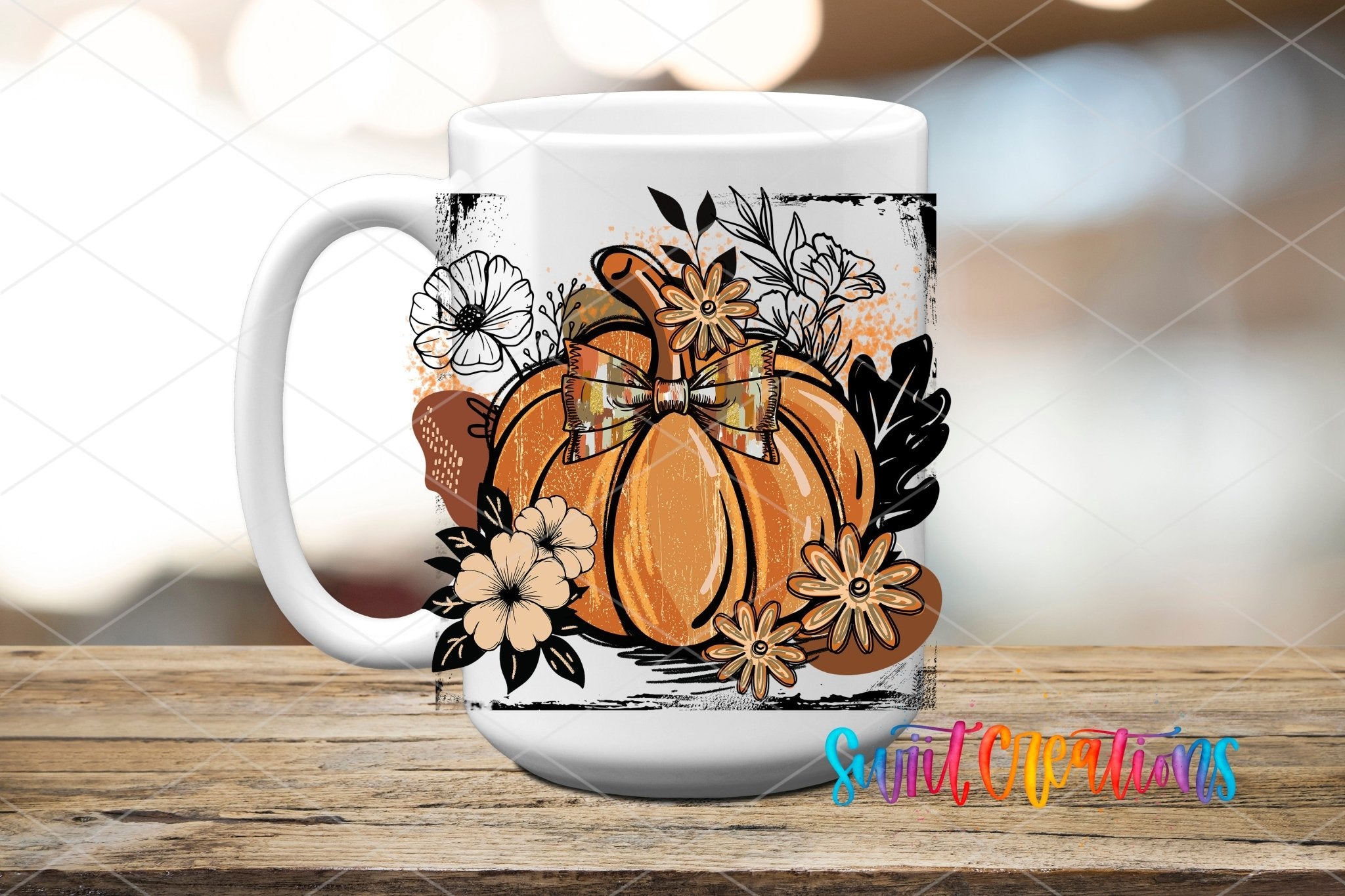 Retro Boho Pumpkin UV DTF transfer displayed on a white ceramic mug from Swiit Creations