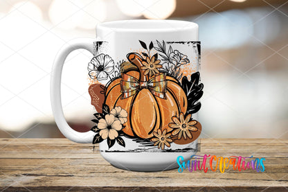 Retro Boho Pumpkin UV DTF transfer on a white ceramic coffee mug