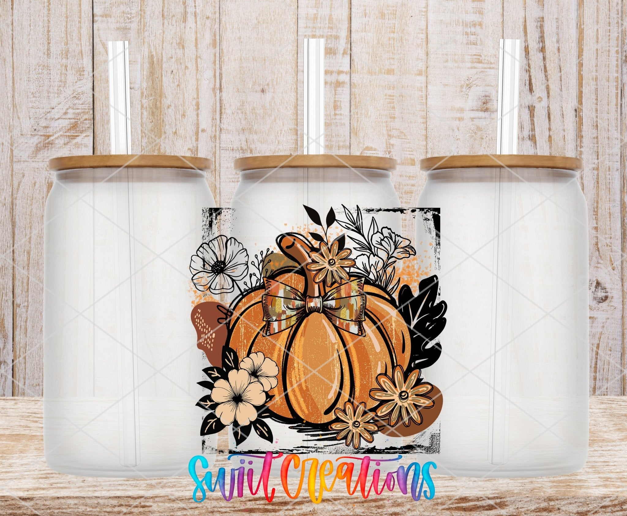 Retro Boho Pumpkin UV DTF transfer applied to a clear glass can set from Swiit Creations