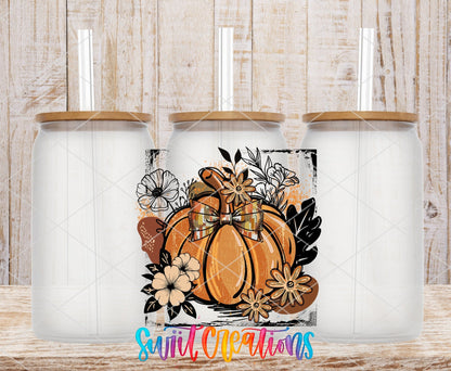 Retro Boho Pumpkin UV DTF transfer on frosted glass cans with bamboo lids