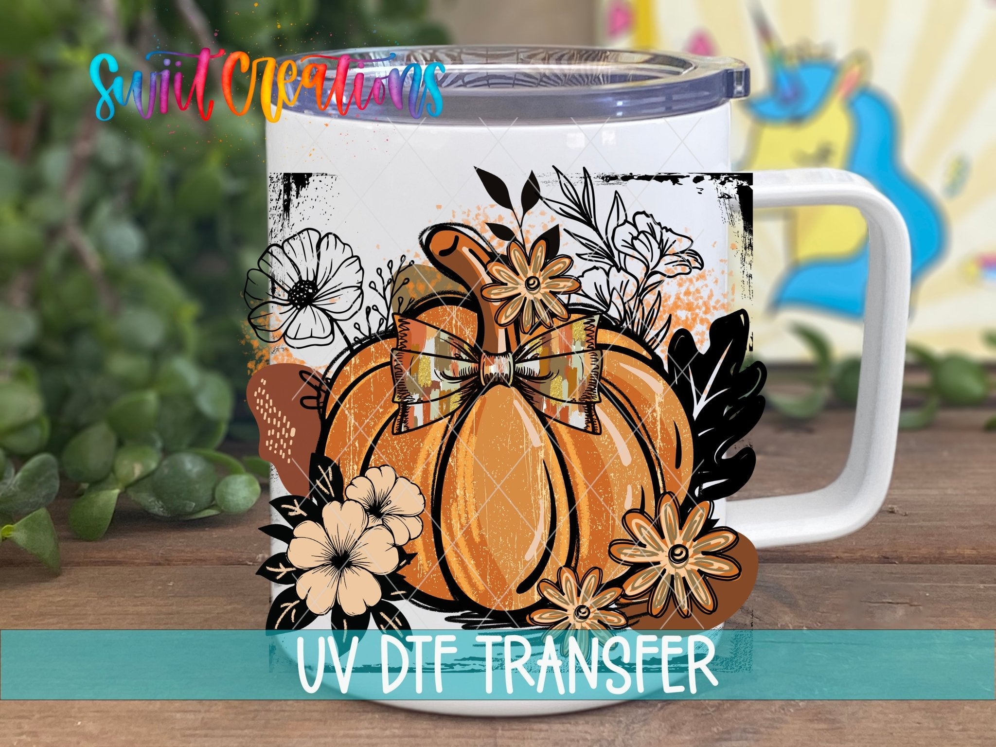 Retro Boho Pumpkin UV DTF transfer displayed on a white coffee mug from Swiit Creations