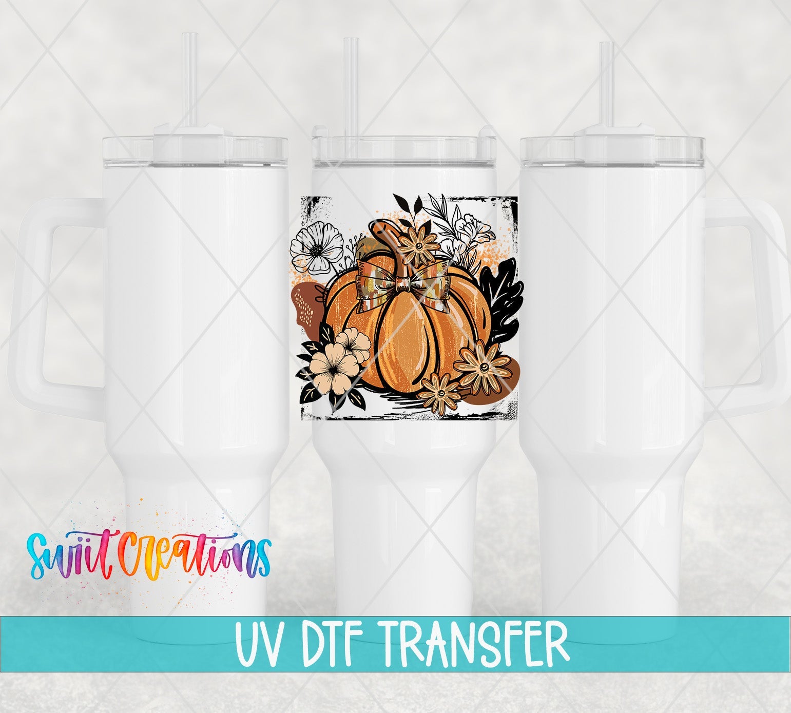 Retro Boho Pumpkin UV DTF transfer applied to a white tumbler set from Swiit Creations