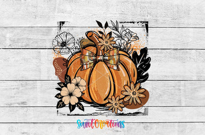 Retro Boho Pumpkin UV DTF transfer artwork on a white wood background