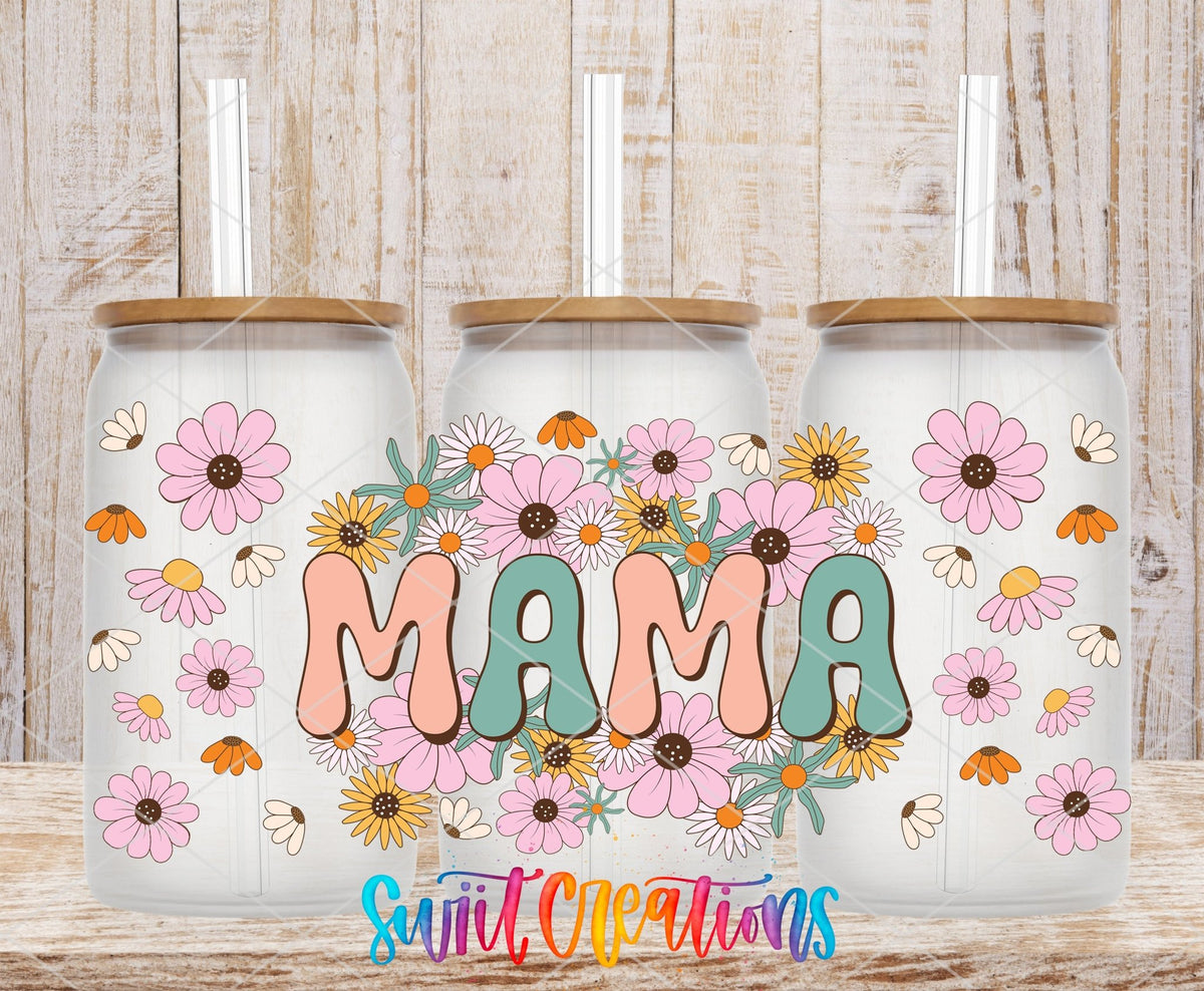 Retro Mama UV DTF full wrap on three clear glass cans with bamboo lids