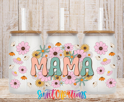 Retro Mama UV DTF full wrap on three clear glass cans with bamboo lids