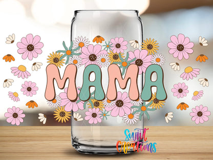 Close-up of the Retro Mama UV DTF full wrap on a clear glass can