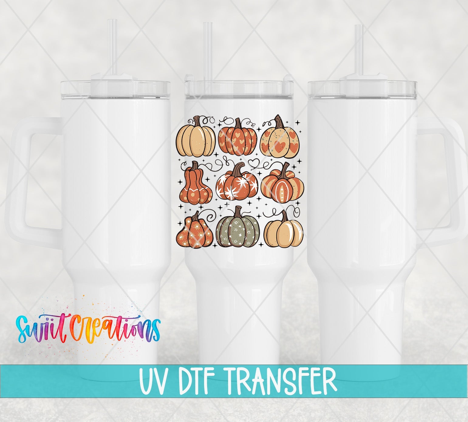 Retro Pumpkin UV DTF transfer applied to a white tumbler set from Swiit Creations