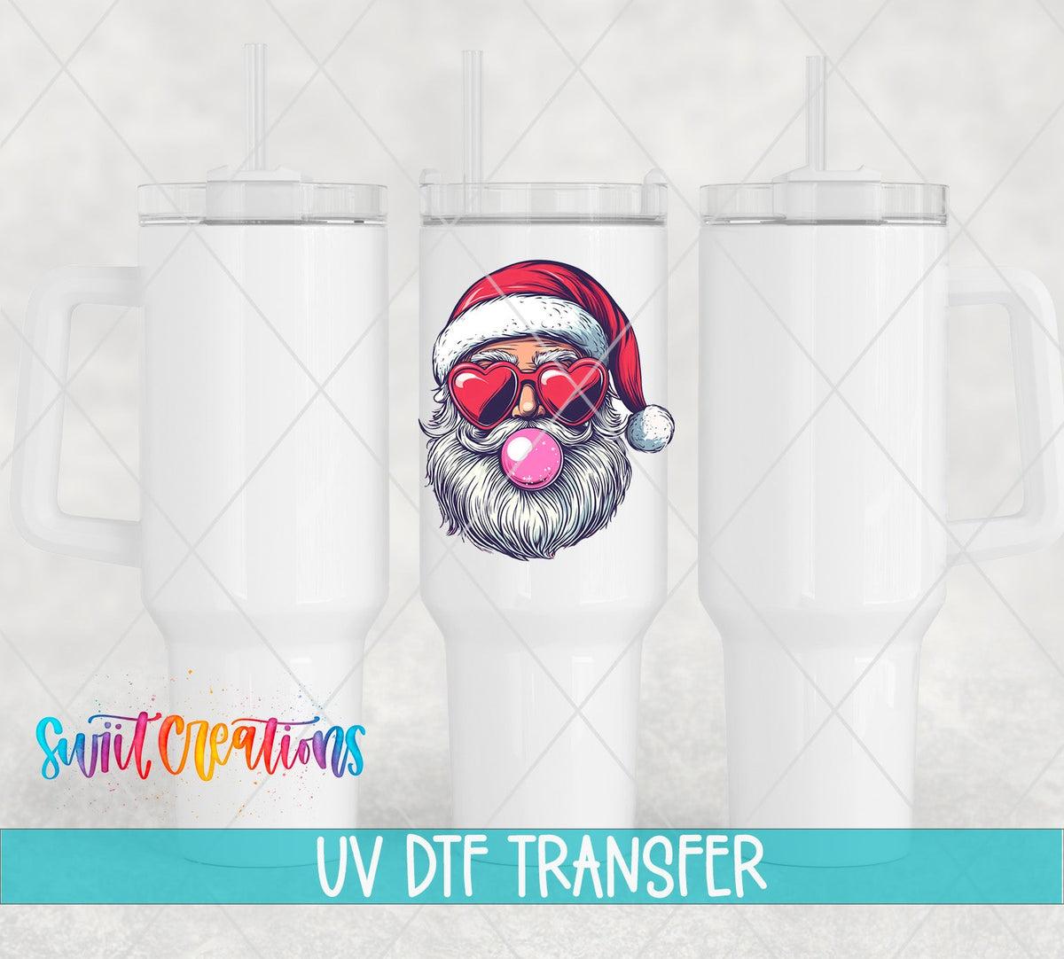 Bubble Gum Santa UV DTF transfer on white 40 oz tumblers