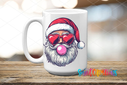 Bubble Gum Santa UV DTF transfer on a white ceramic coffee mug