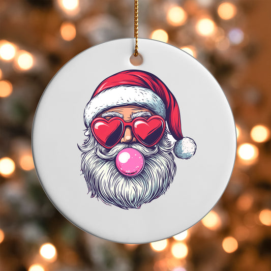 Retro Santa ornament UV DTF transfer on a round white ornament with a bokeh light background