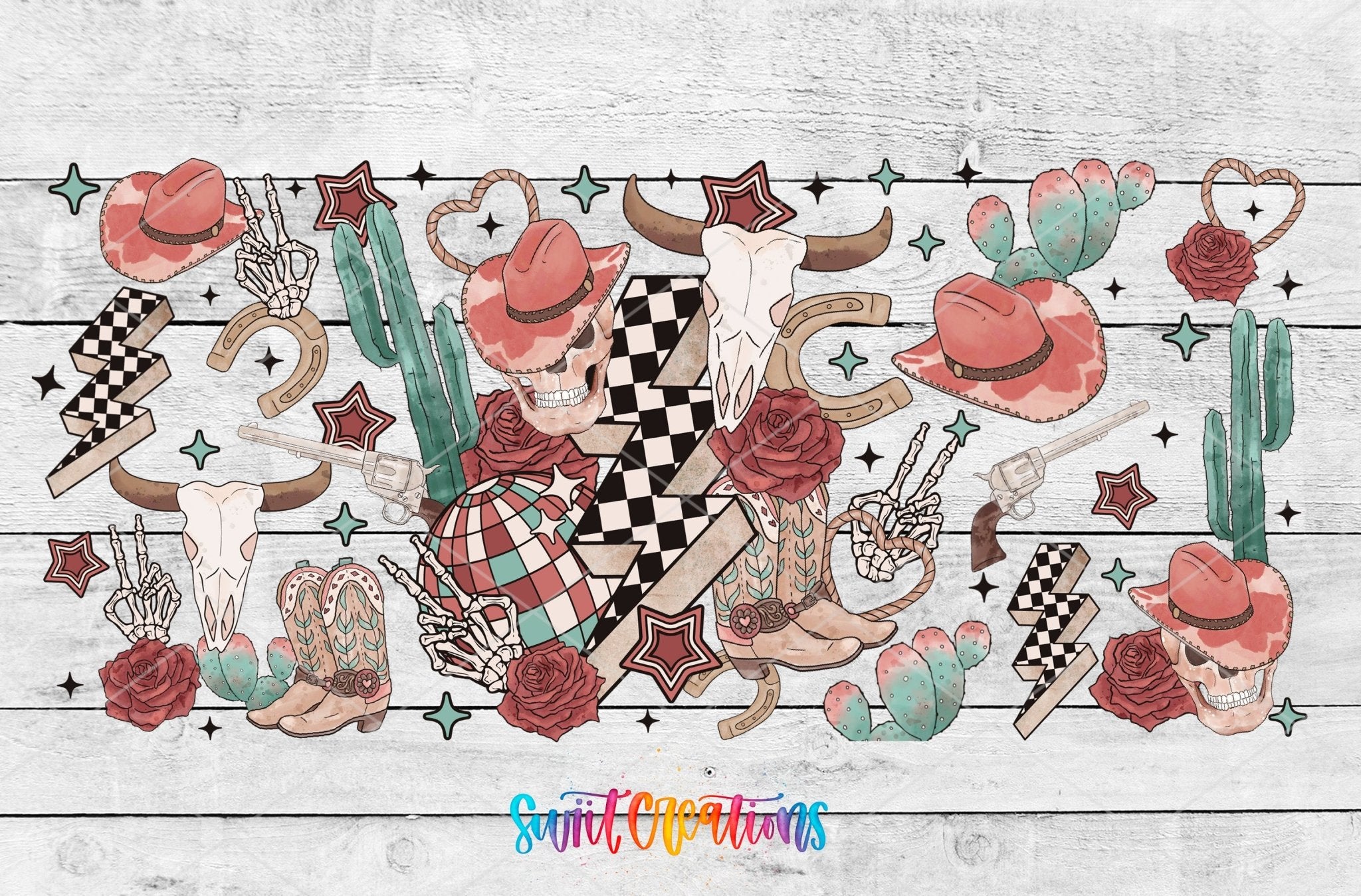 Retro Western Cowgirl with Skull and Cactus UV DTF Transfer Tumbler Wrap | DTF306 - Swiit Creations
