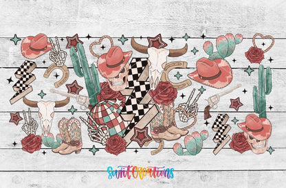 Retro Western Skull UV DTF wrap artwork on a white wood background