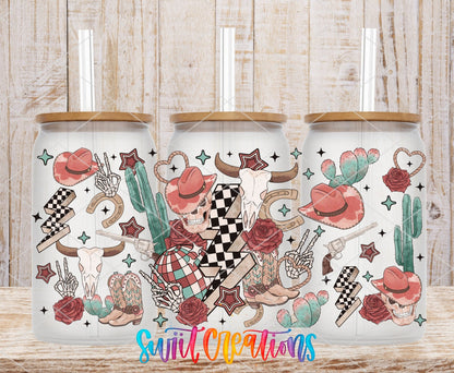 Retro Western Skull UV DTF wrap on three clear glass cans with bamboo lids
