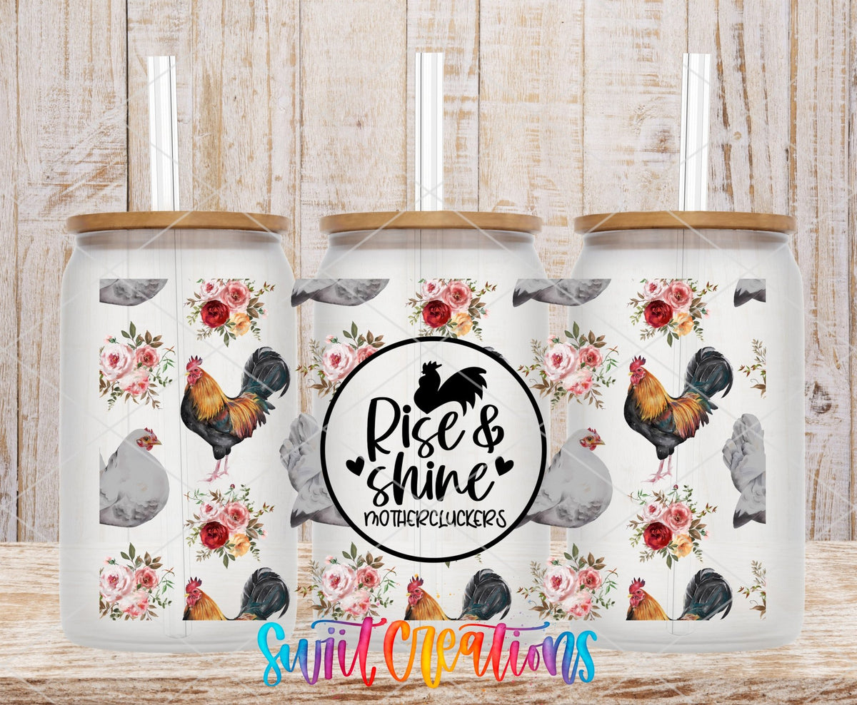 Rise And Shine Mothercluckers UV DTF Transfer Tumbler Wrap | Floral Chicken Rooster Cup Decal | DTF210 - Swiit Creations