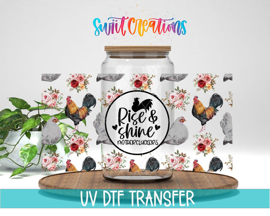 Rise And Shine Mothercluckers UV DTF Transfer Tumbler Wrap | Floral Chicken Rooster Cup Decal | DTF210 - Swiit Creations