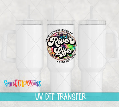 River Life leopard tie dye circle UV DTF transfer on white 40 oz tumblers