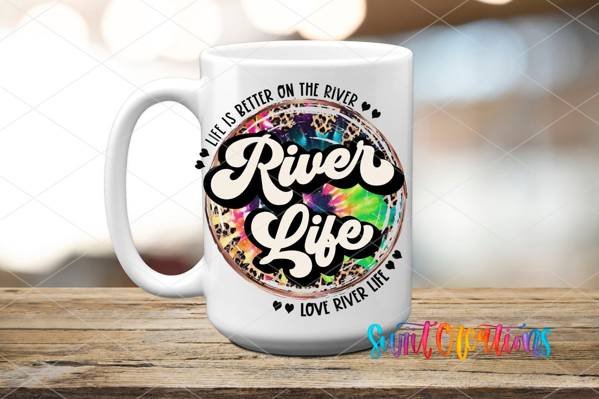 River Life leopard tie dye circle UV DTF transfer on a white ceramic coffee mug