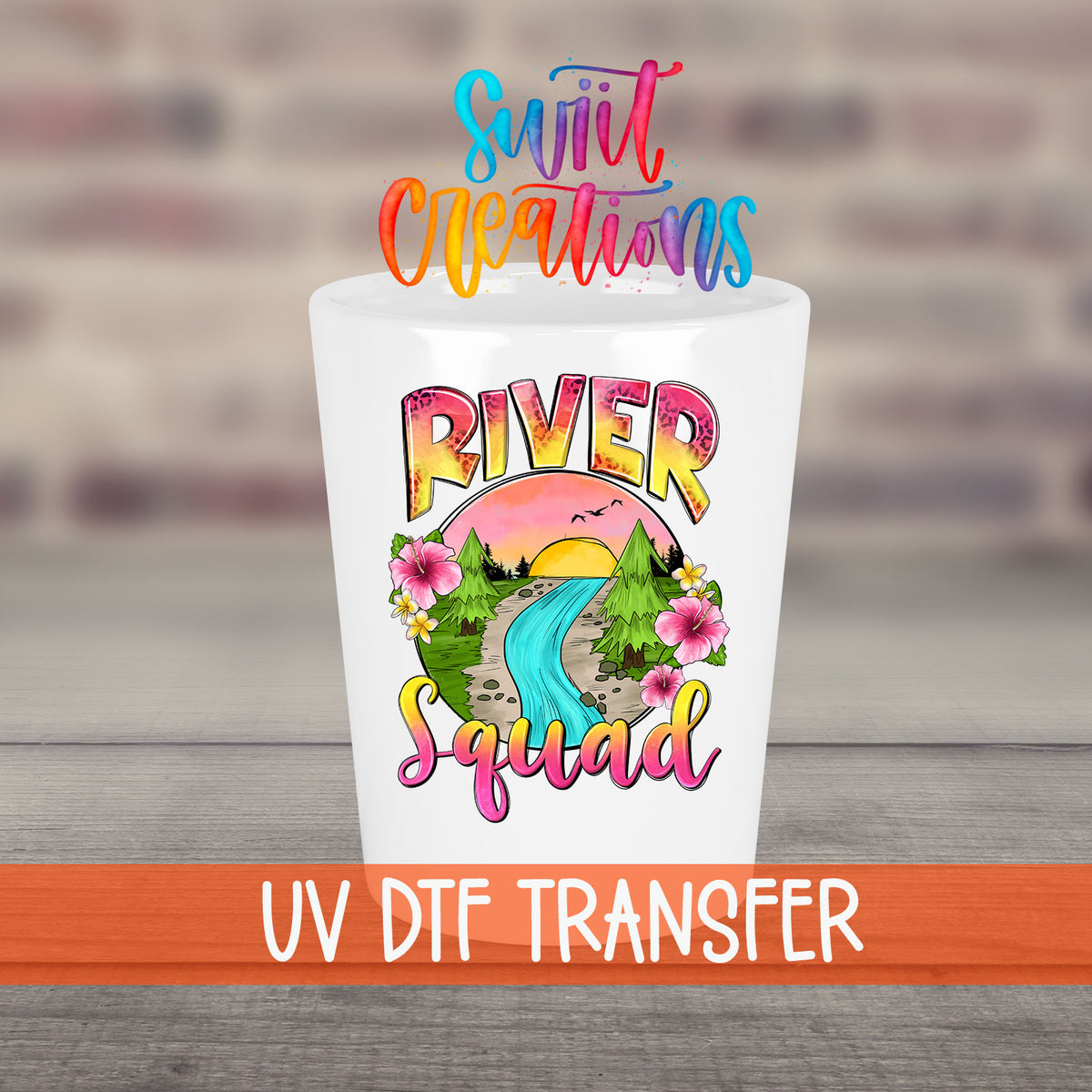 River Squad UV DTF transfer on a white shot glass in front of a brick wall