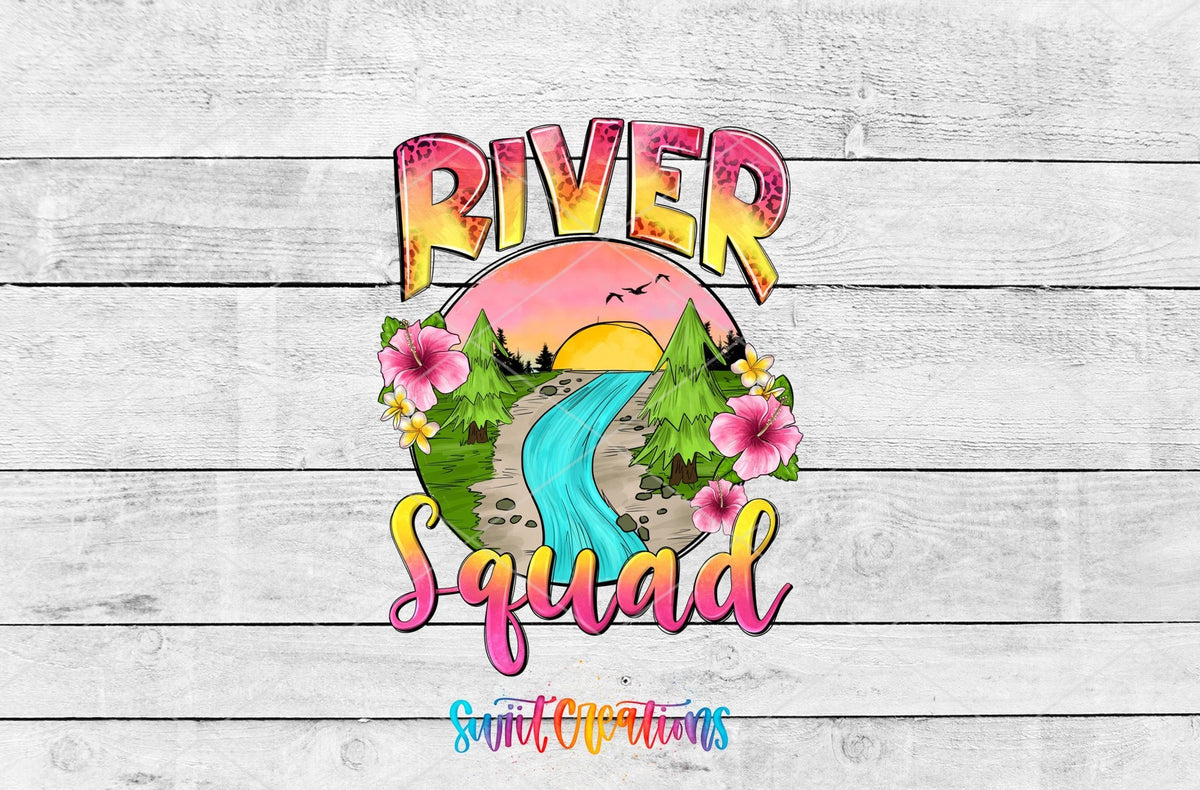 River Squad UV DTF transfer artwork on a white wood background