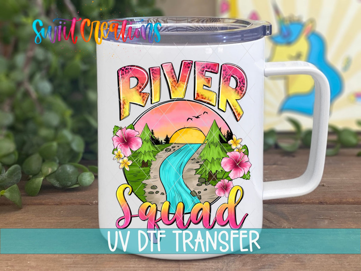River Squad UV DTF transfer on a white stainless steel mug with a lid