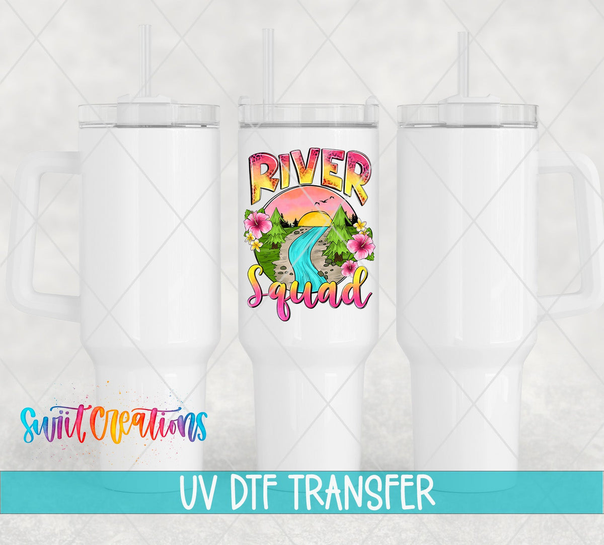River Squad UV DTF transfer on white 40 oz tumblers
