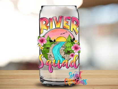 Close-up of the River Squad UV DTF transfer on a clear glass can