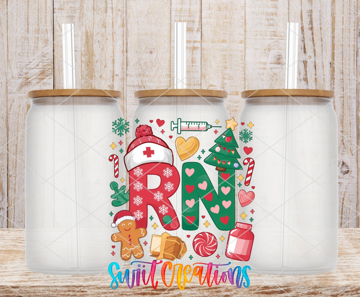 RN Christmas Nurse UV DTF transfer on frosted glass cans with bamboo lids