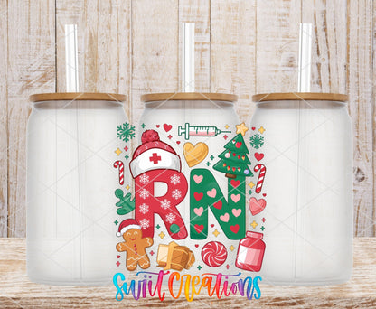 RN Christmas Nurse UV DTF transfer on frosted glass cans with bamboo lids