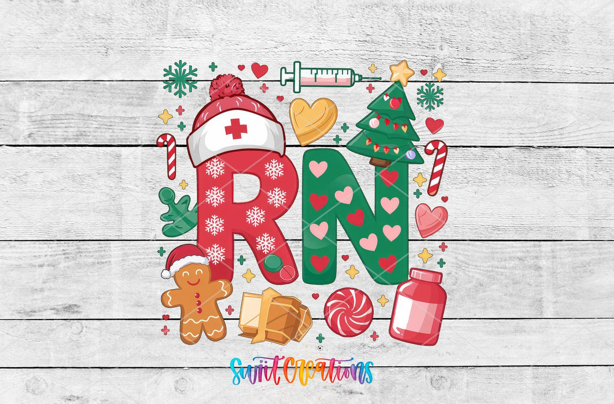 RN Christmas Nurse UV DTF transfer artwork on a white wood background