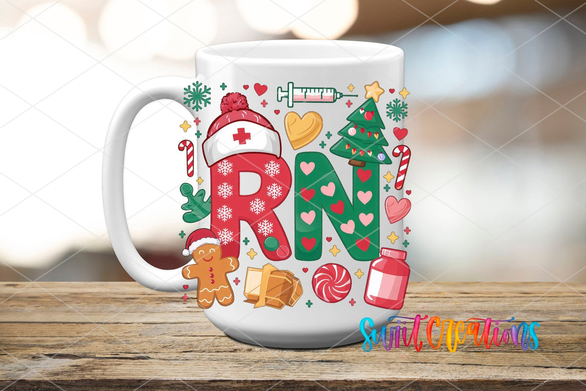 RN Christmas Nurse UV DTF transfer on a white ceramic coffee mug